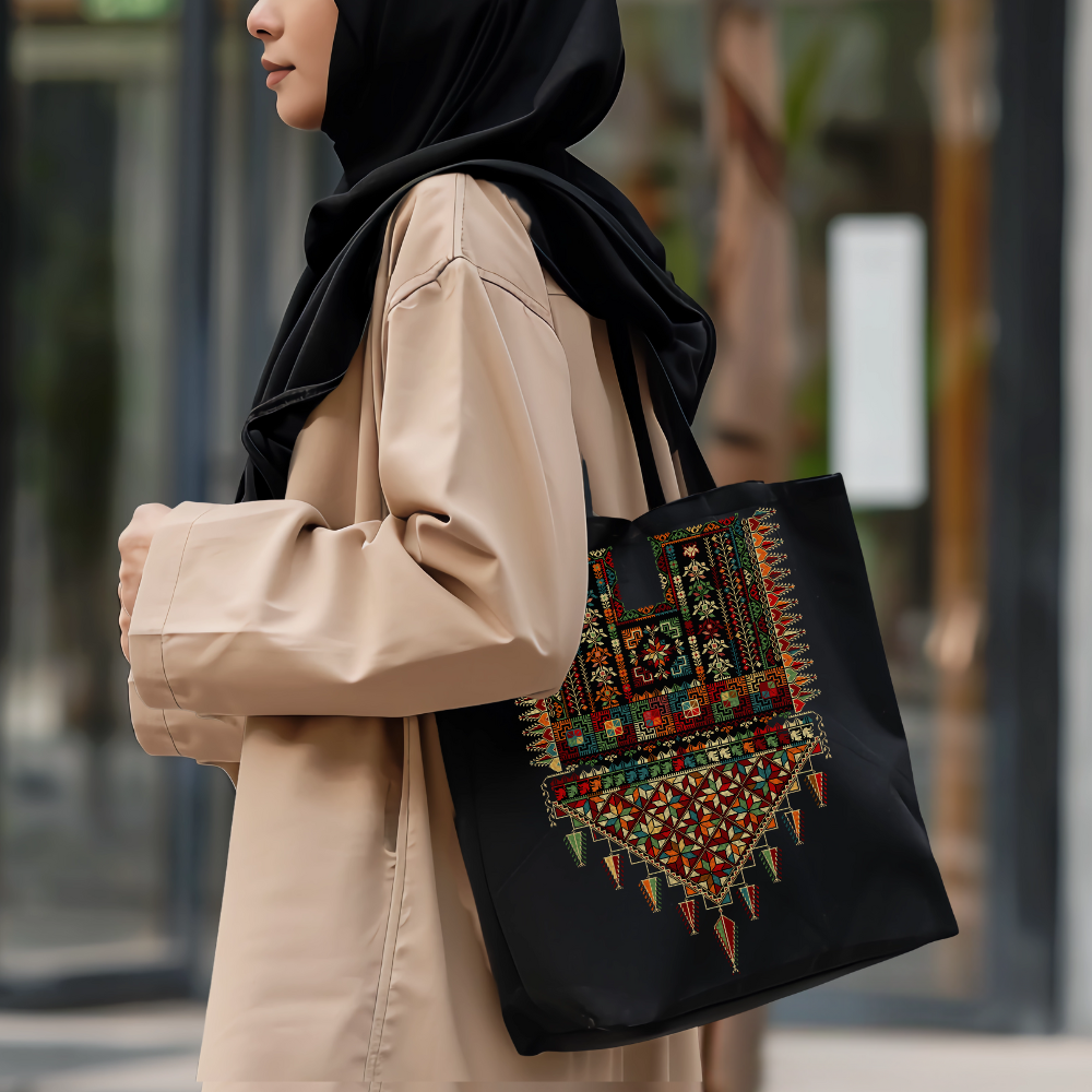 Print of Palestinian Tatreez Black Tote