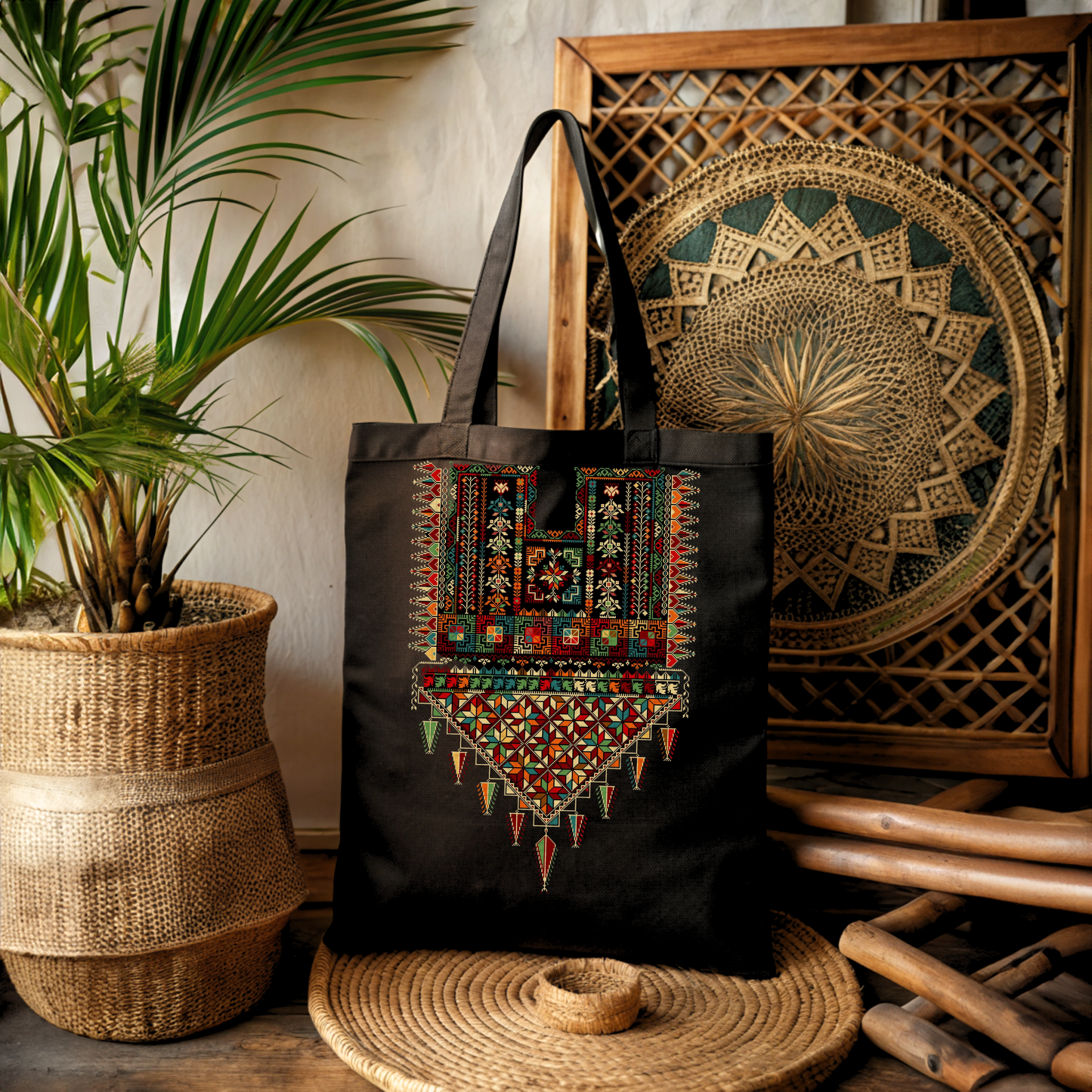 Print of Palestinian Tatreez Black Tote