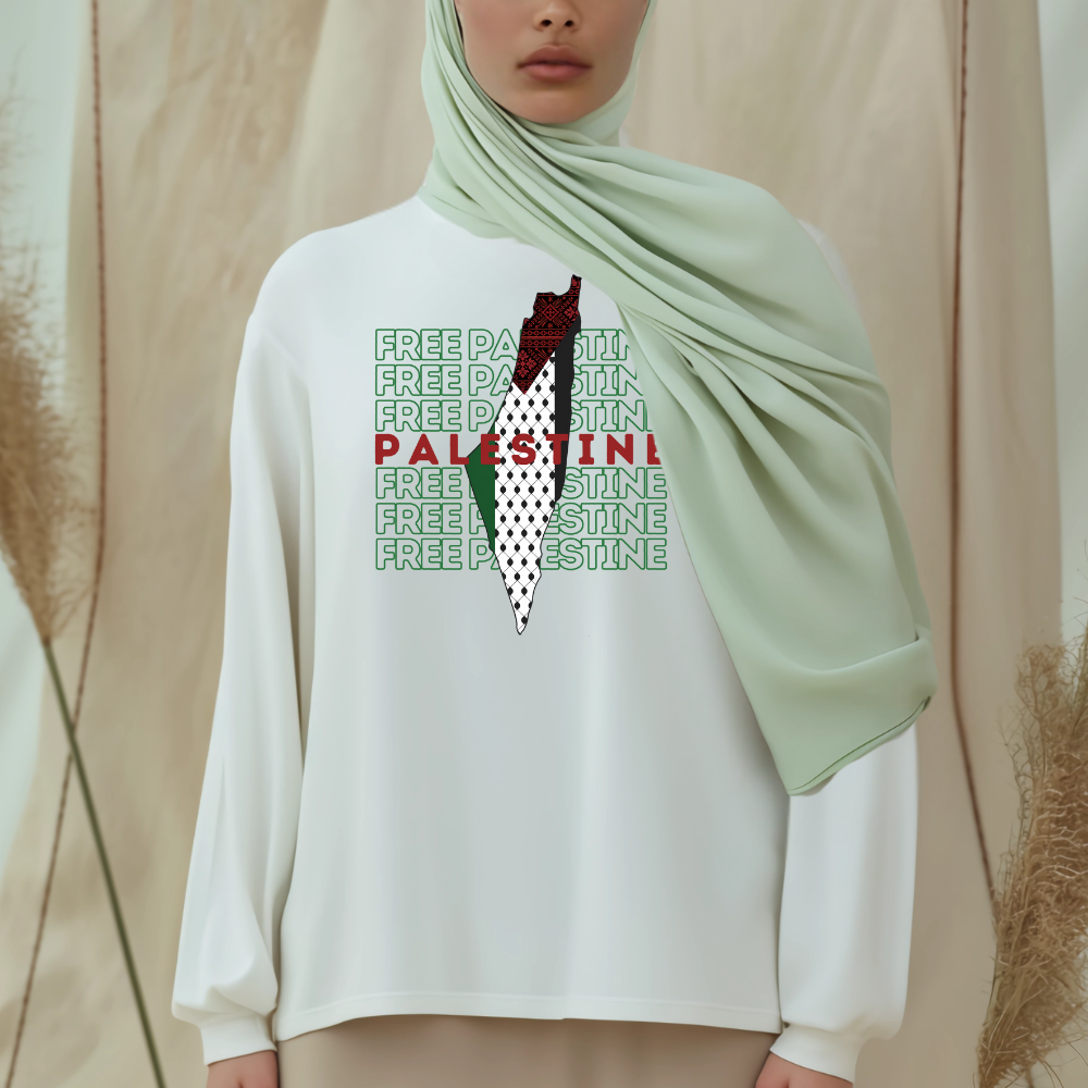 Free Palestine Green Letters Map Long Sleeve Tshirt