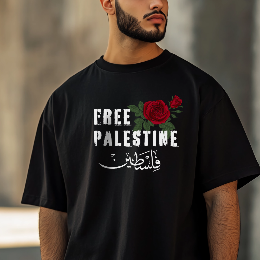 Free Palestine with Arabic and Red Rose Tshirt