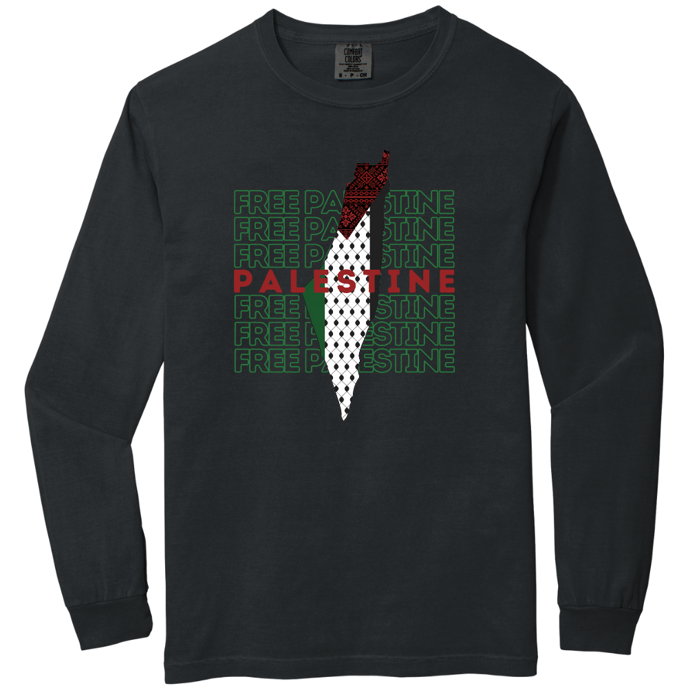 Free Palestine Green Letters Map Long Sleeve Tshirt