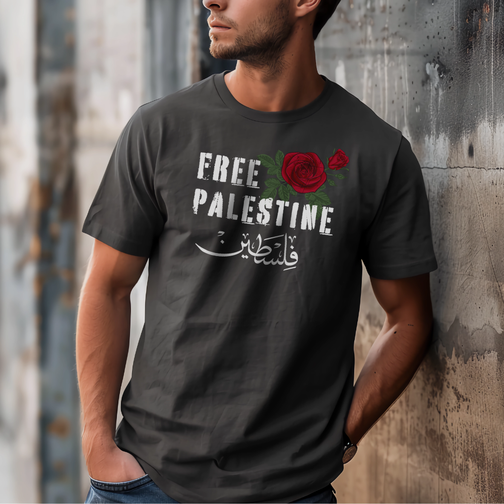 Free Palestine with Arabic and Red Rose Tshirt