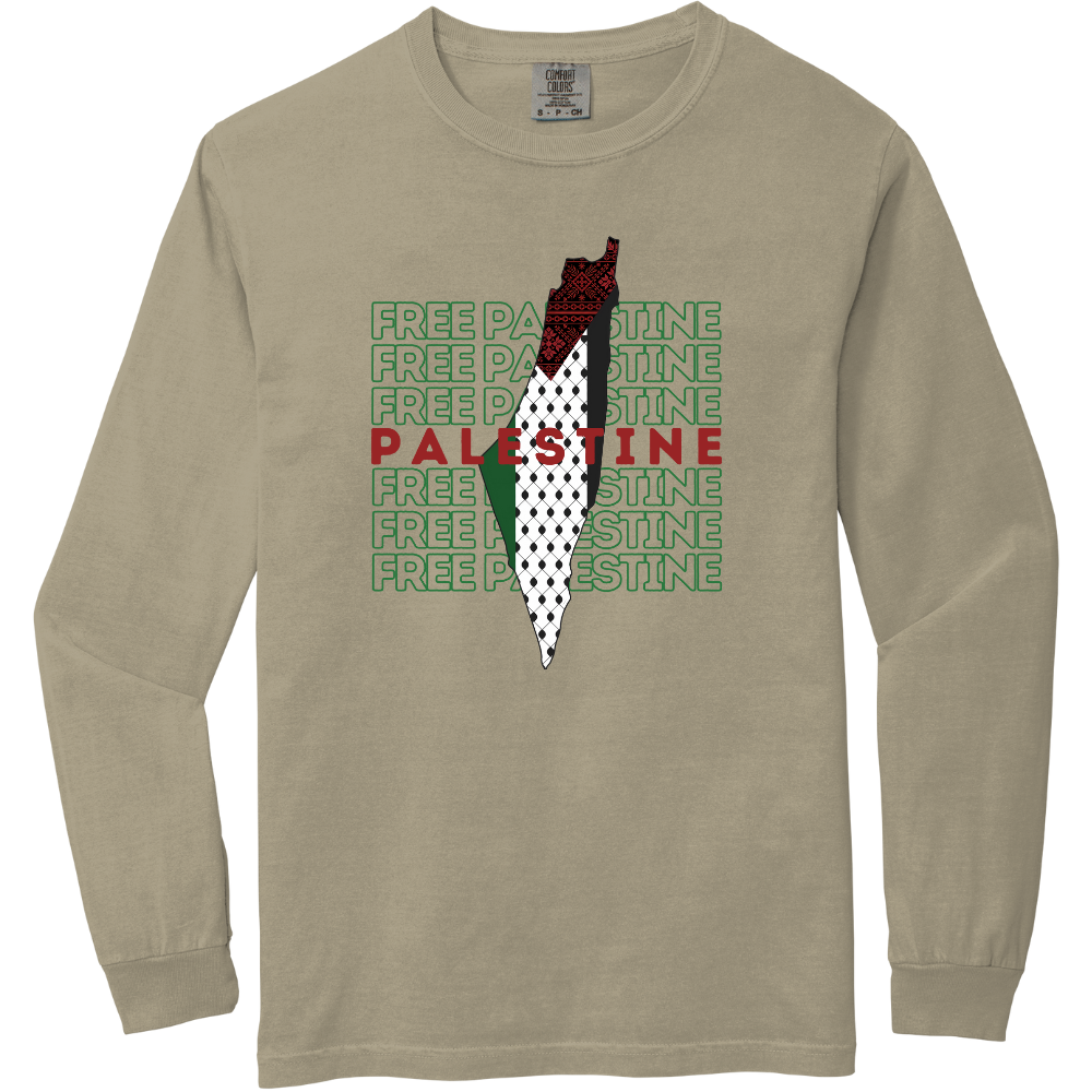 Free Palestine Green Letters Map Long Sleeve Tshirt