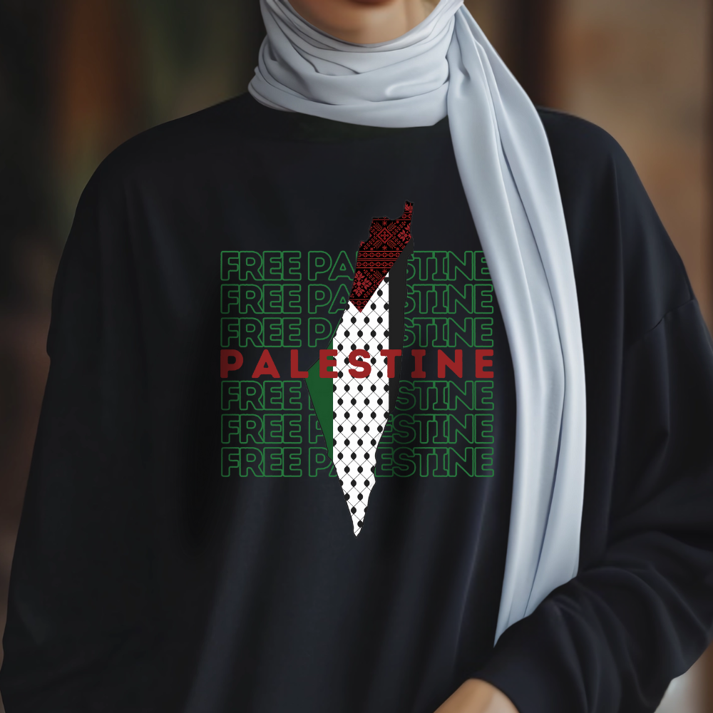 Free Palestine Green Letters Map Long Sleeve Tshirt
