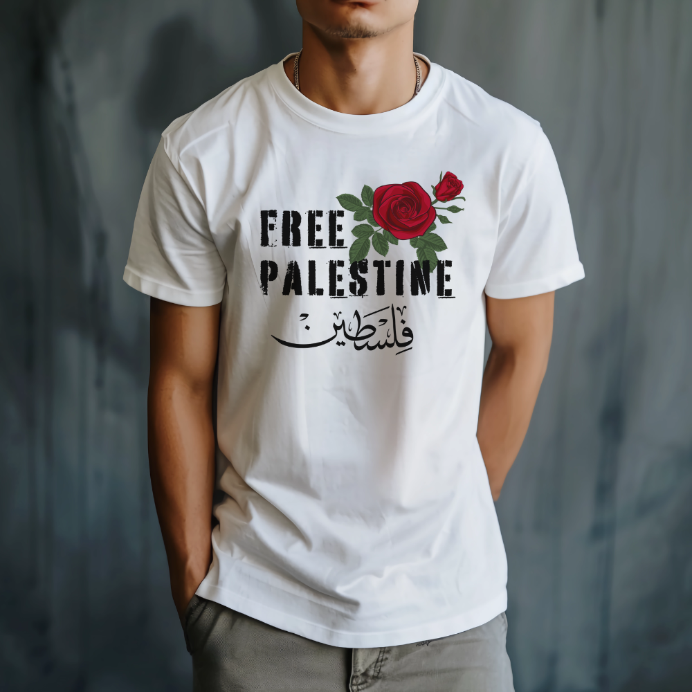 Free Palestine with Arabic and Red Rose Tshirt