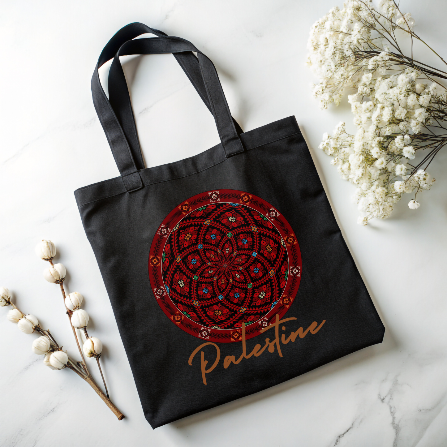 Palestinian Round Tatreez Printed Black Tote