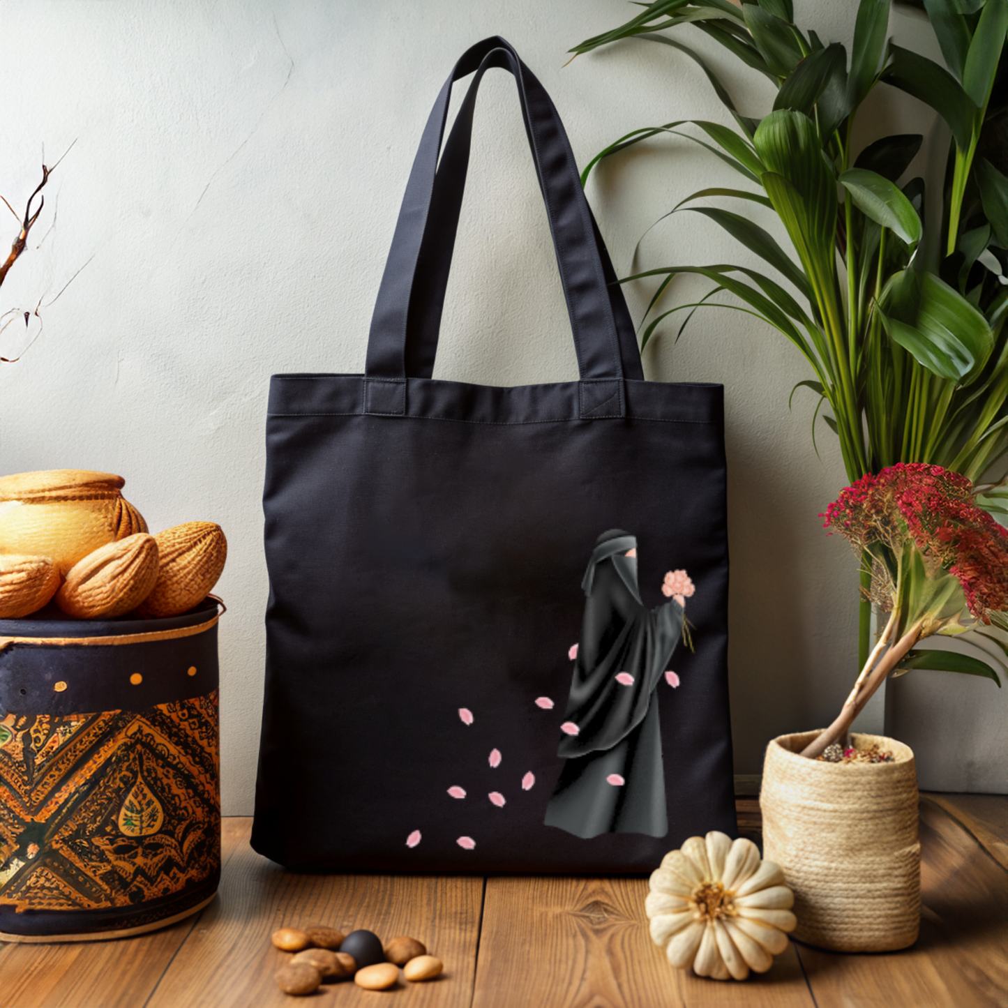 Niqabi Walking with Falling Flower Petals Black Tote Bag