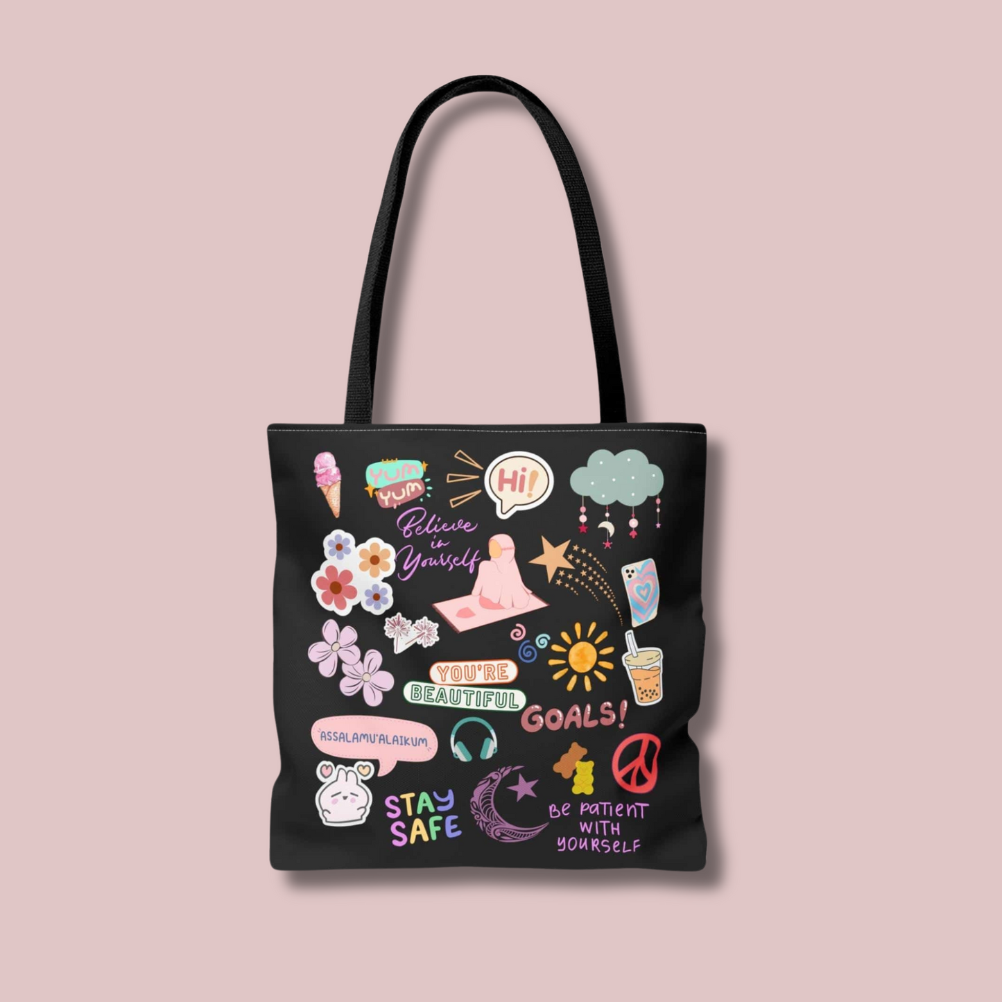 Fun and Cute Muslimah Sticker Black Tote