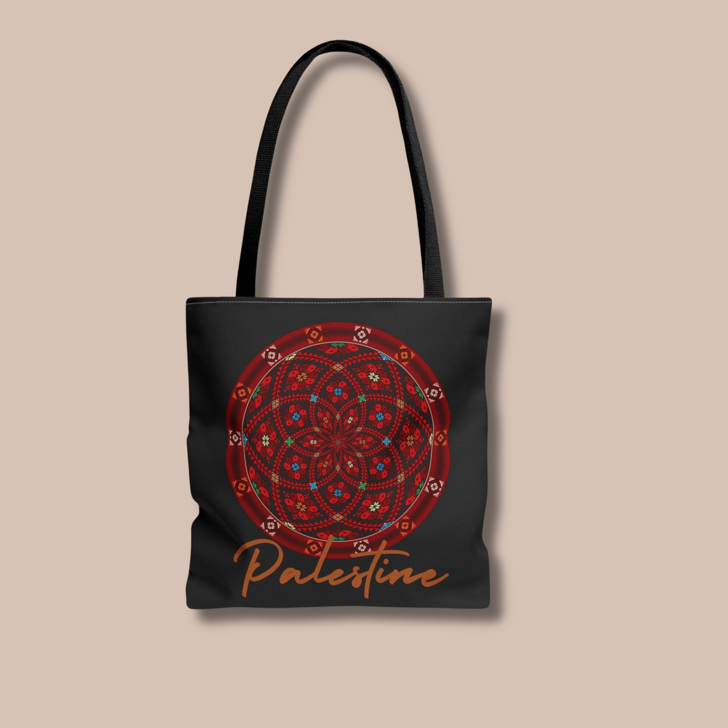 Palestinian Round Tatreez Printed Black Tote