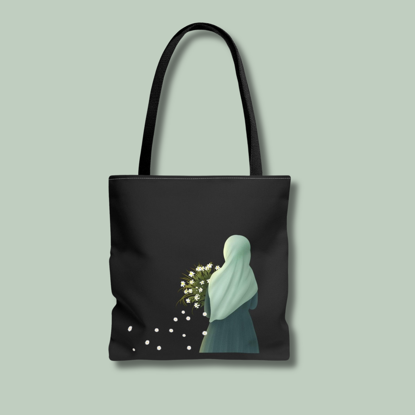 Hijabi Holding White Flowers Tote Bag for Muslimahs