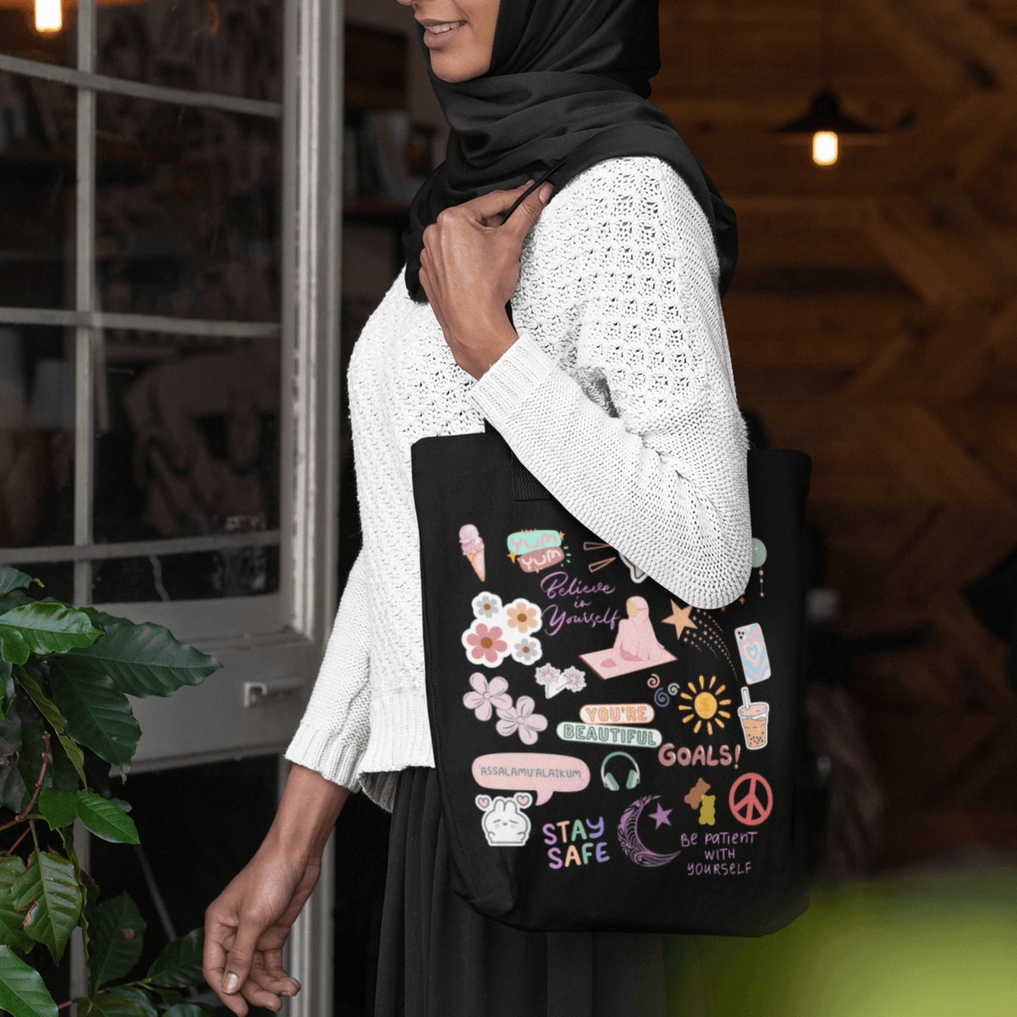 Fun and Cute Muslimah Sticker Black Tote - SunnahBay