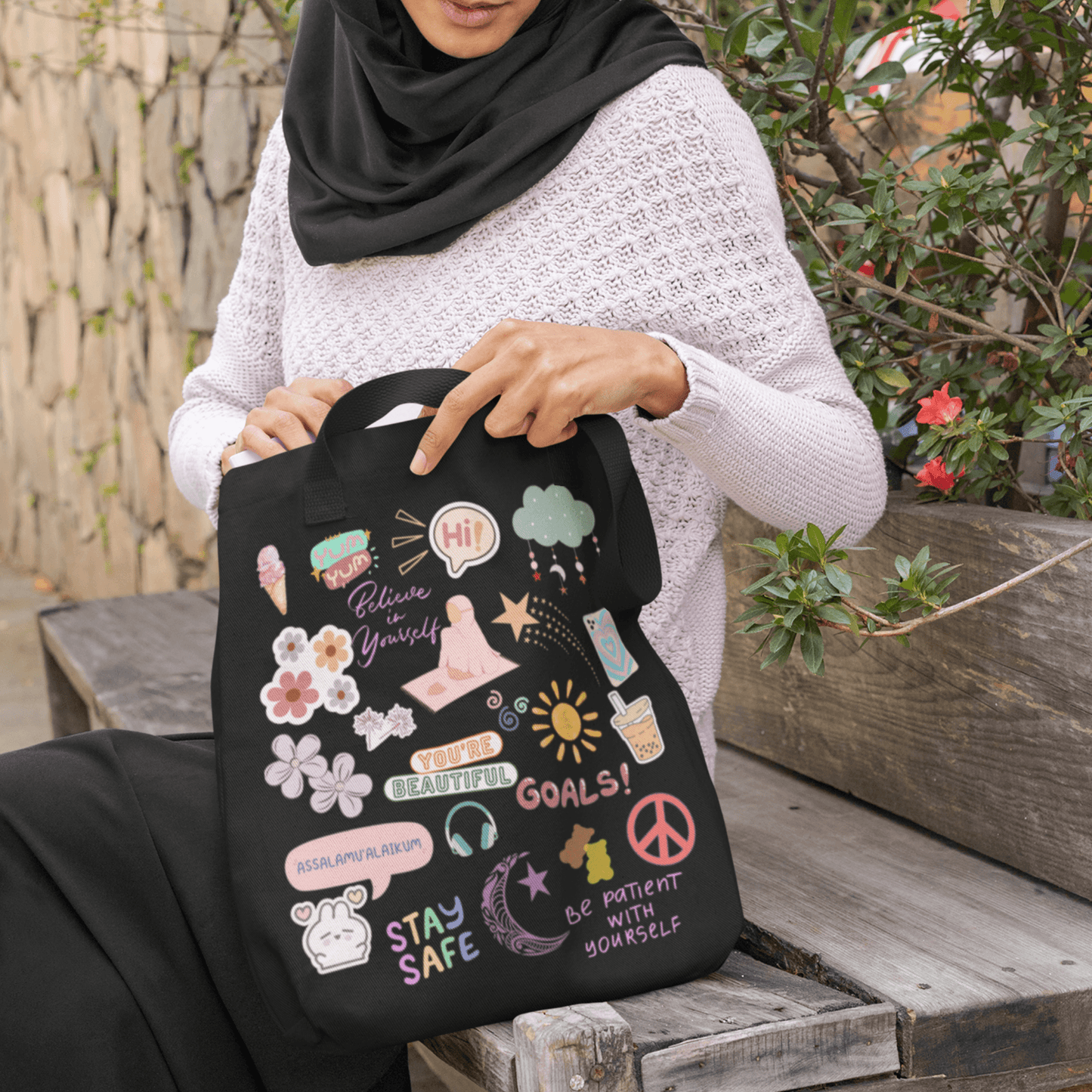 Fun and Cute Muslimah Sticker Black Tote - SunnahBay