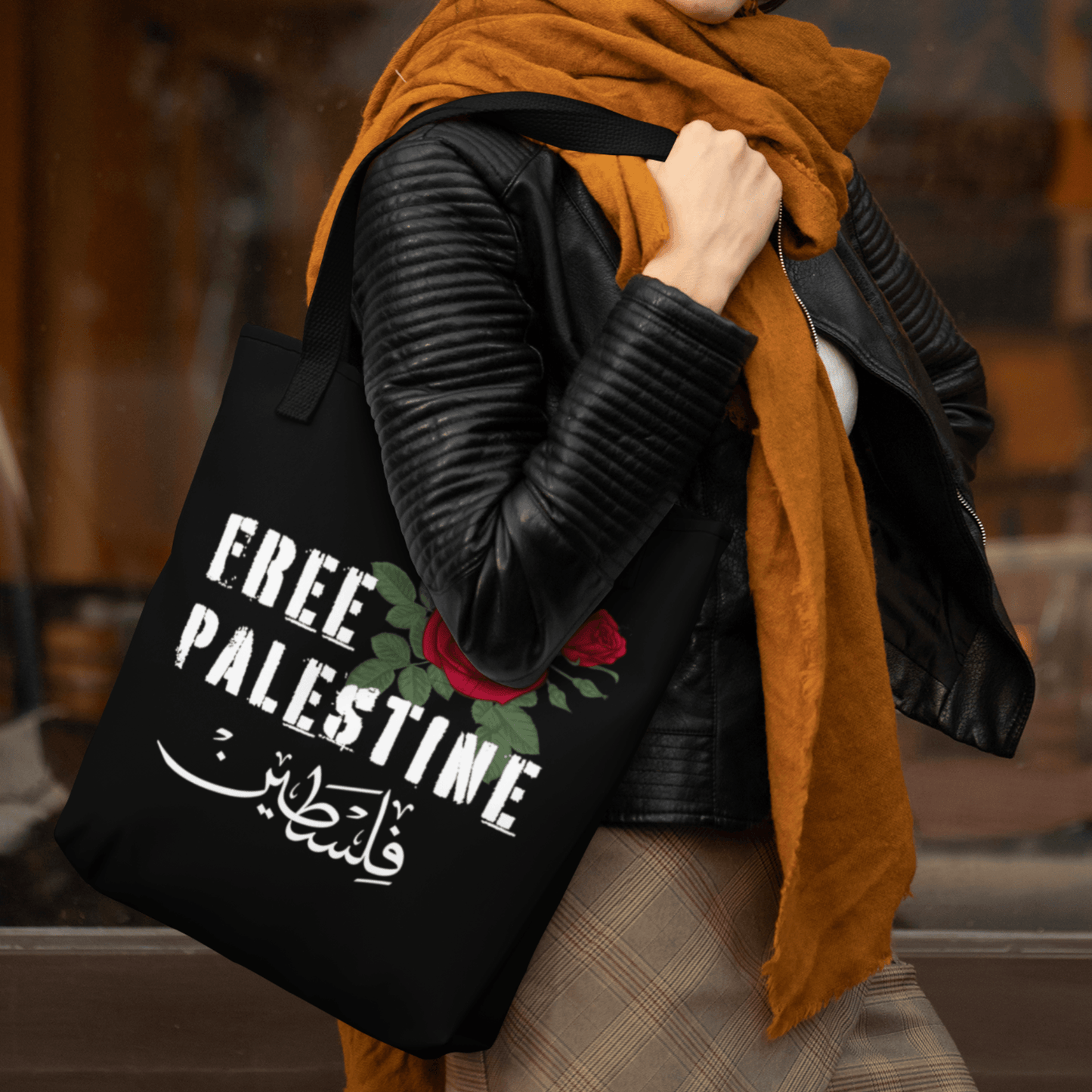 Free Palestine with Red Rose Tote Bag - SunnahBay