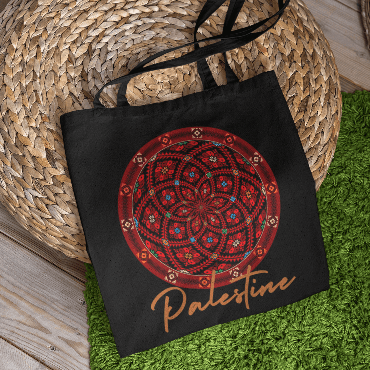 Palestinian Round Tatreez Printed Black Tote - SunnahBay