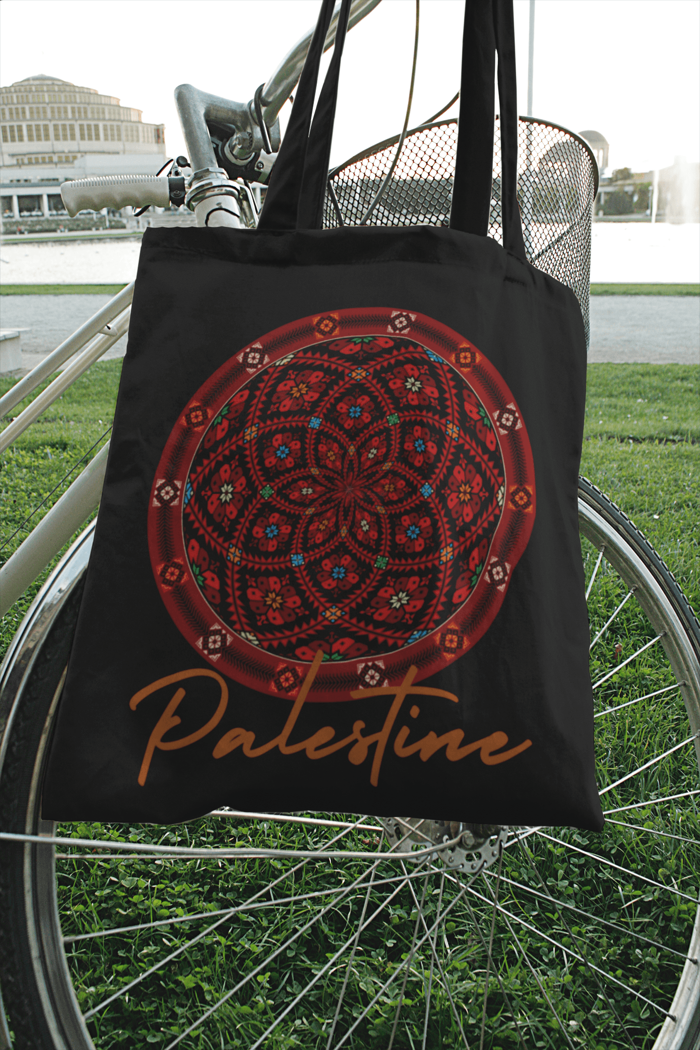 Palestinian Round Tatreez Printed Black Tote - SunnahBay