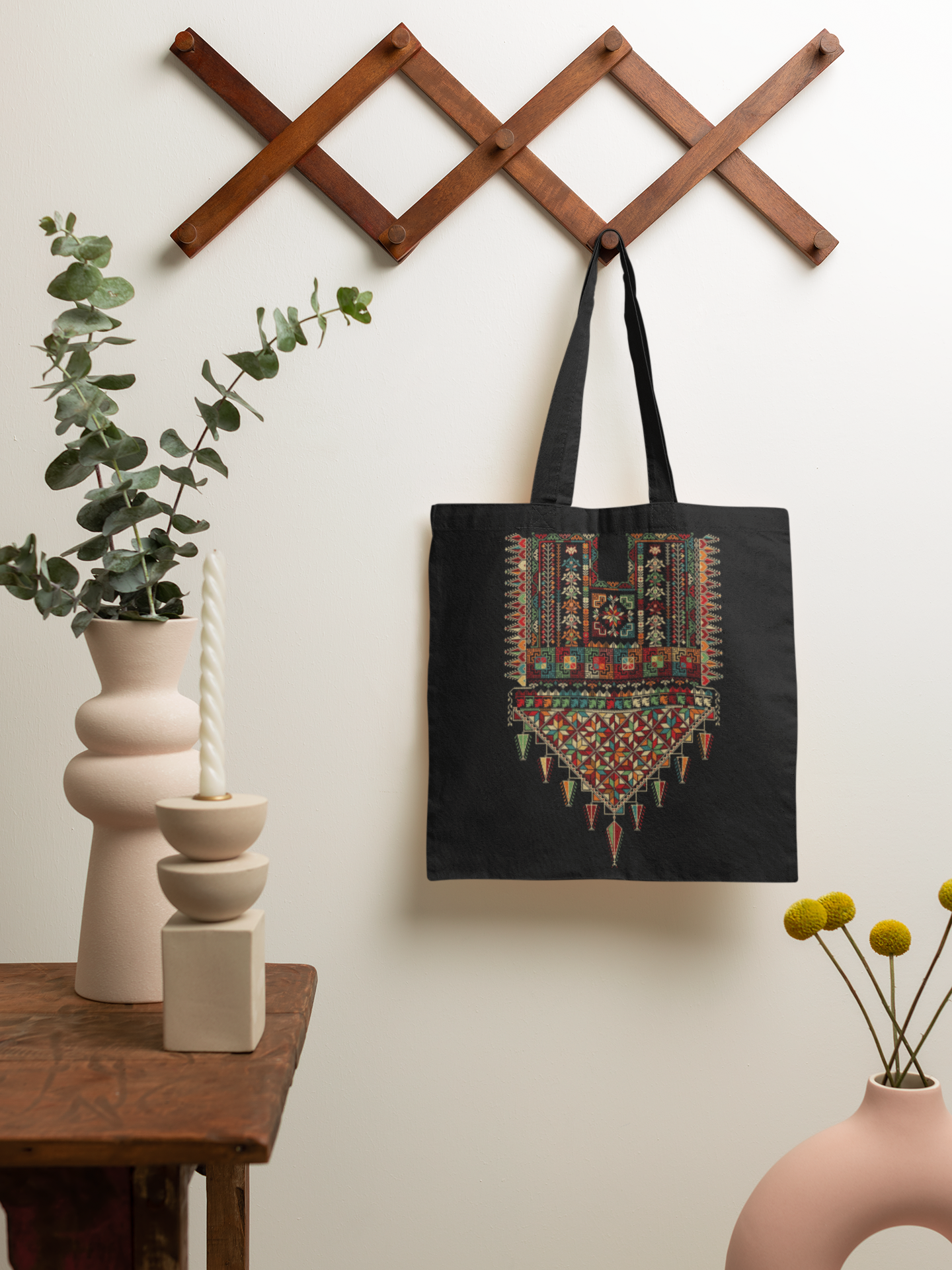 Print of Palestinian Tatreez Black Tote