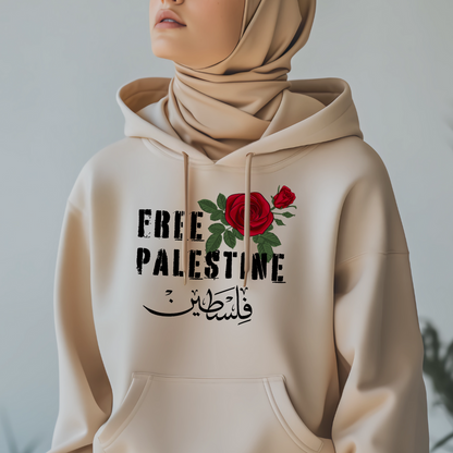 Free Palestine with Red Rose and Arabic Unisex Hoodie