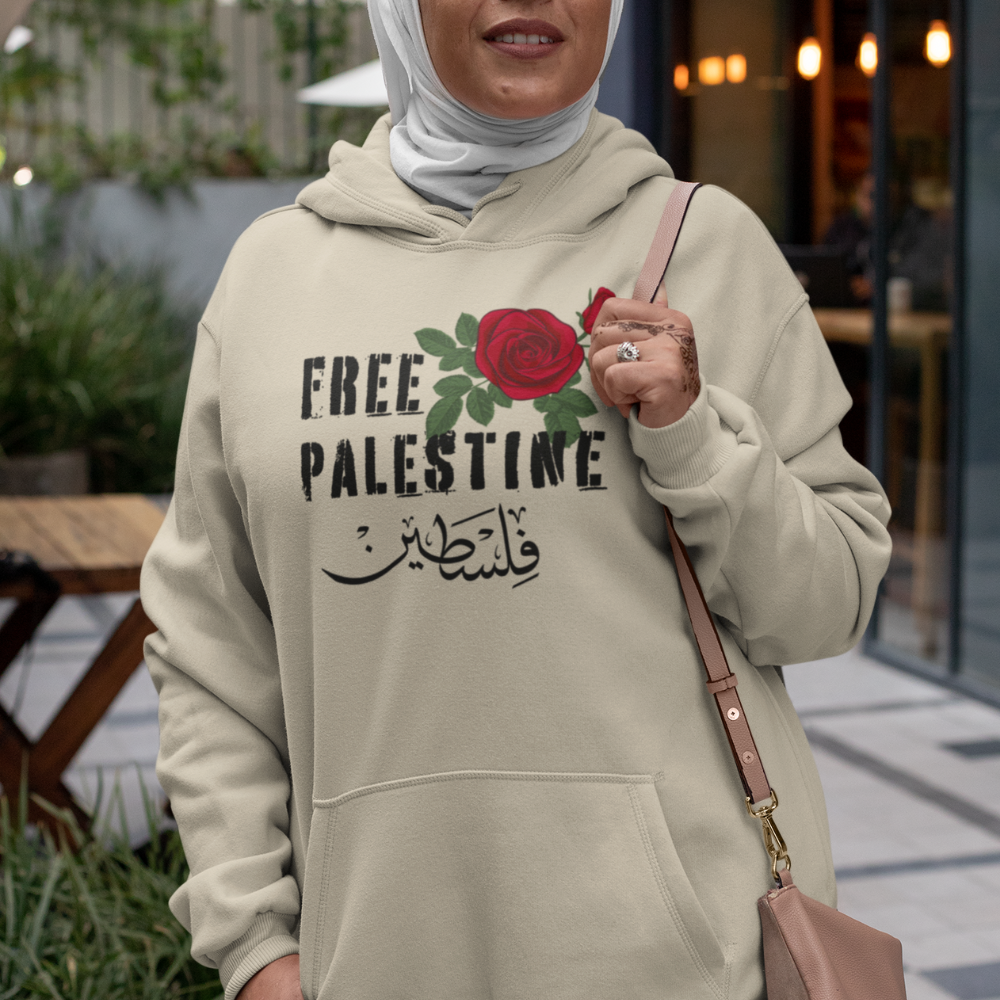 Free Palestine with Red Rose and Arabic Unisex Hoodie