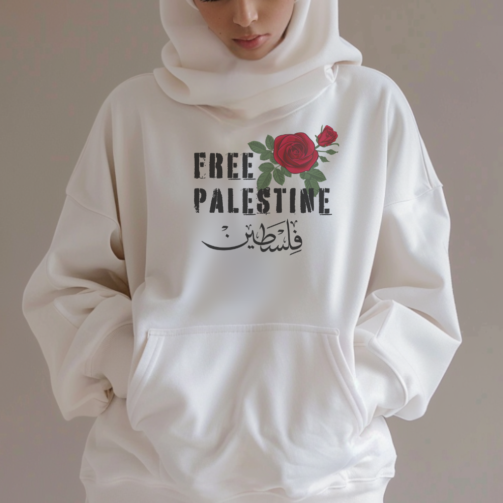 Free Palestine with Red Rose and Arabic Unisex Hoodie