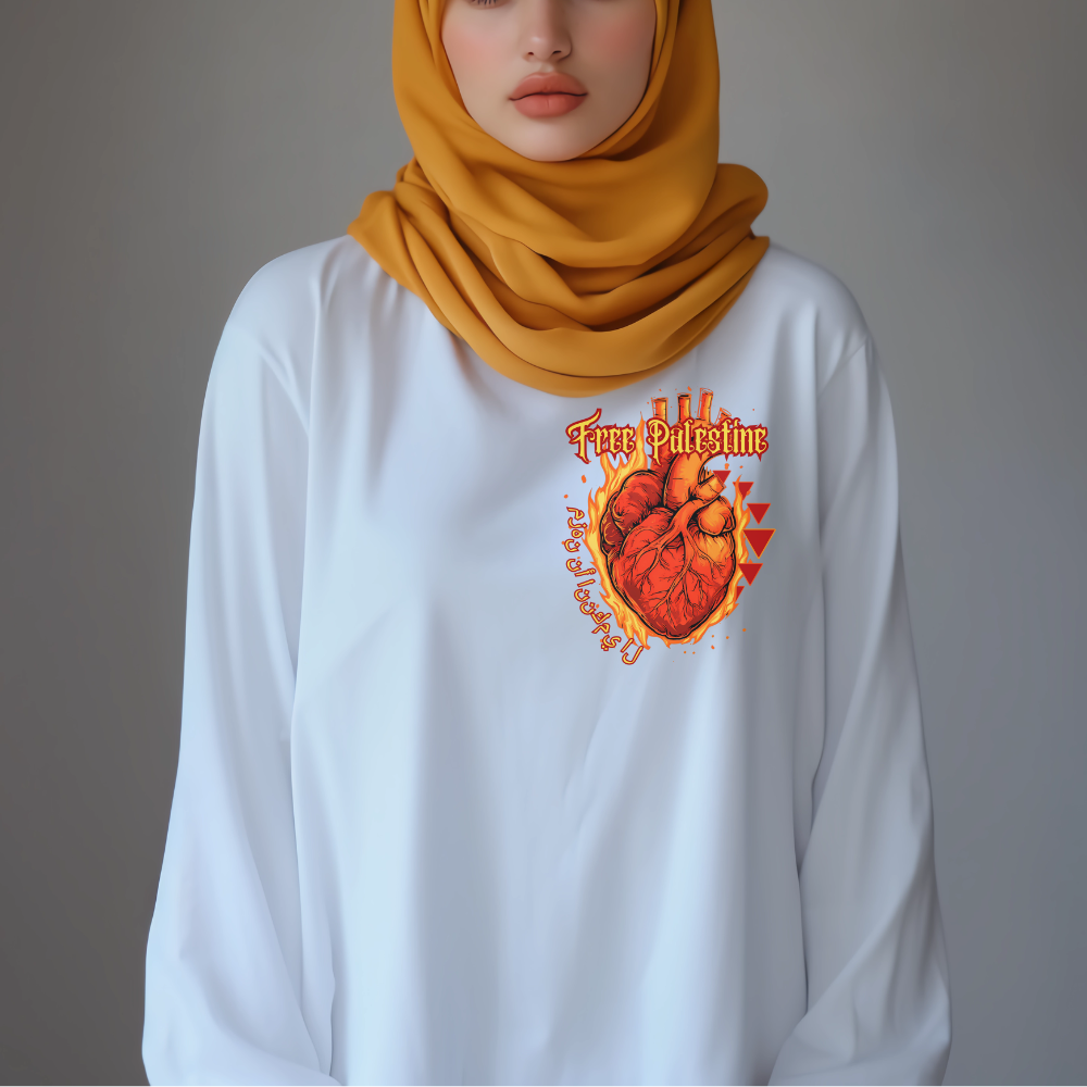 Flaming Heart Free Palestine Long Sleeve Tshirt