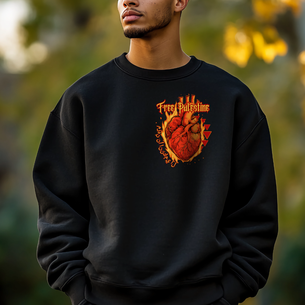 Flaming Heart Free Palestine Crewneck Sweatshirt