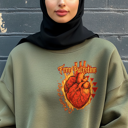 Flaming Heart Free Palestine Crewneck Sweatshirt