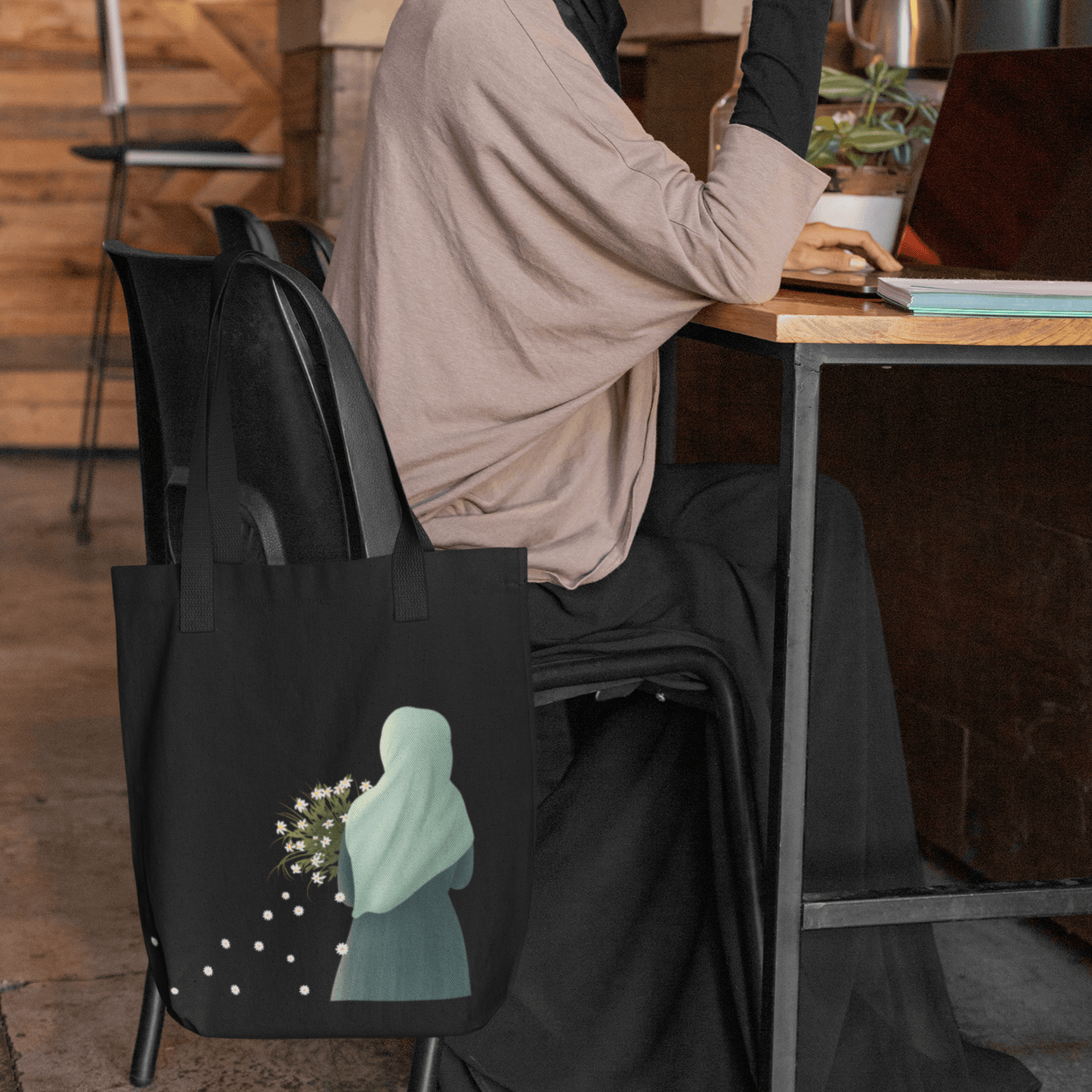 Hijabi Holding White Flowers Tote Bag for Muslimahs - SunnahBay