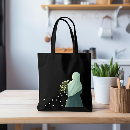 Hijabi Holding White Flowers Tote Bag for Muslimahs