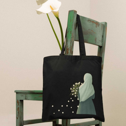 Hijabi Holding White Flowers Tote Bag for Muslimahs