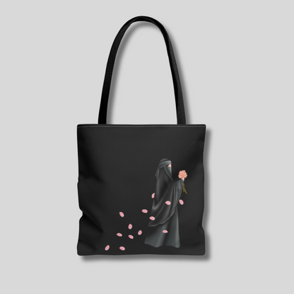 Niqabi Walking with Falling Flower Petals Black Tote Bag