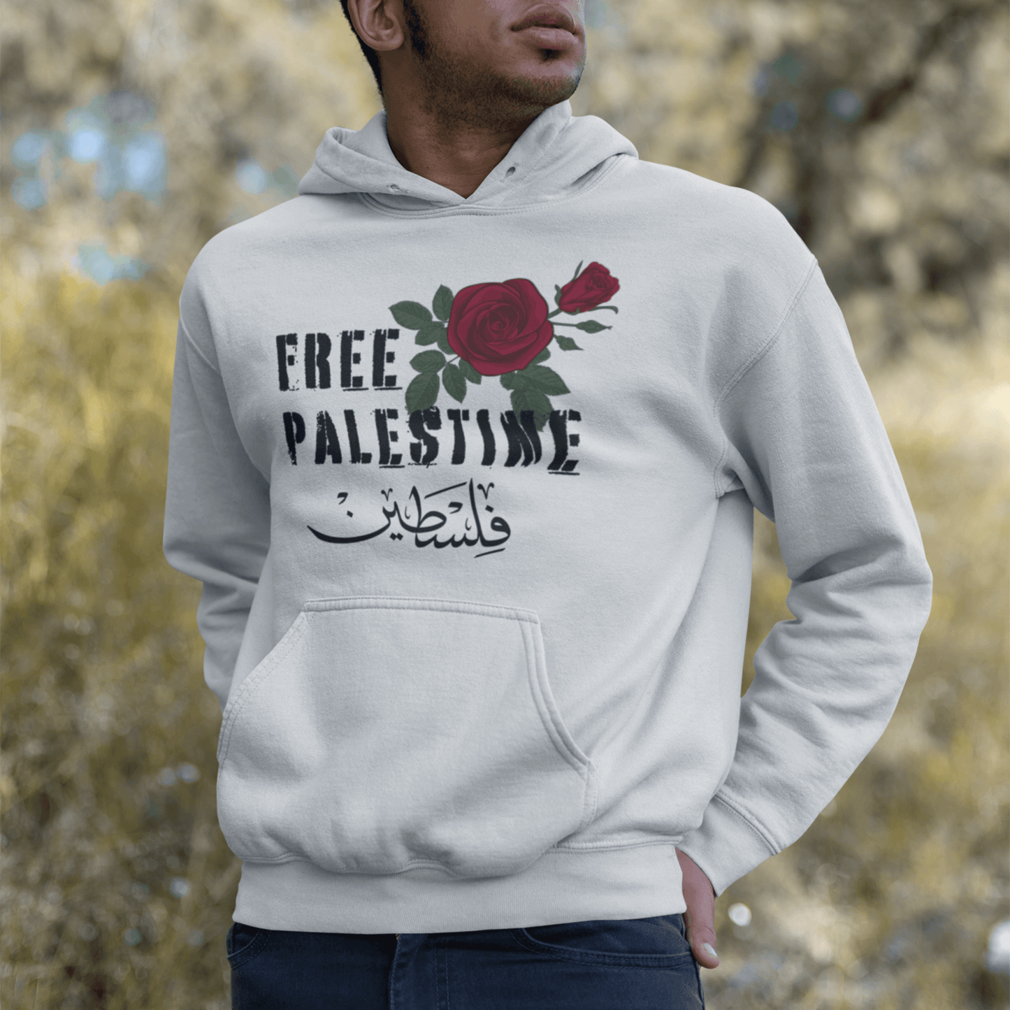 Free Palestine with Red Rose and Arabic Unisex Hoodie - SunnahBay