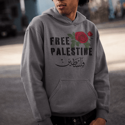 Free Palestine with Red Rose and Arabic Unisex Hoodie - SunnahBay