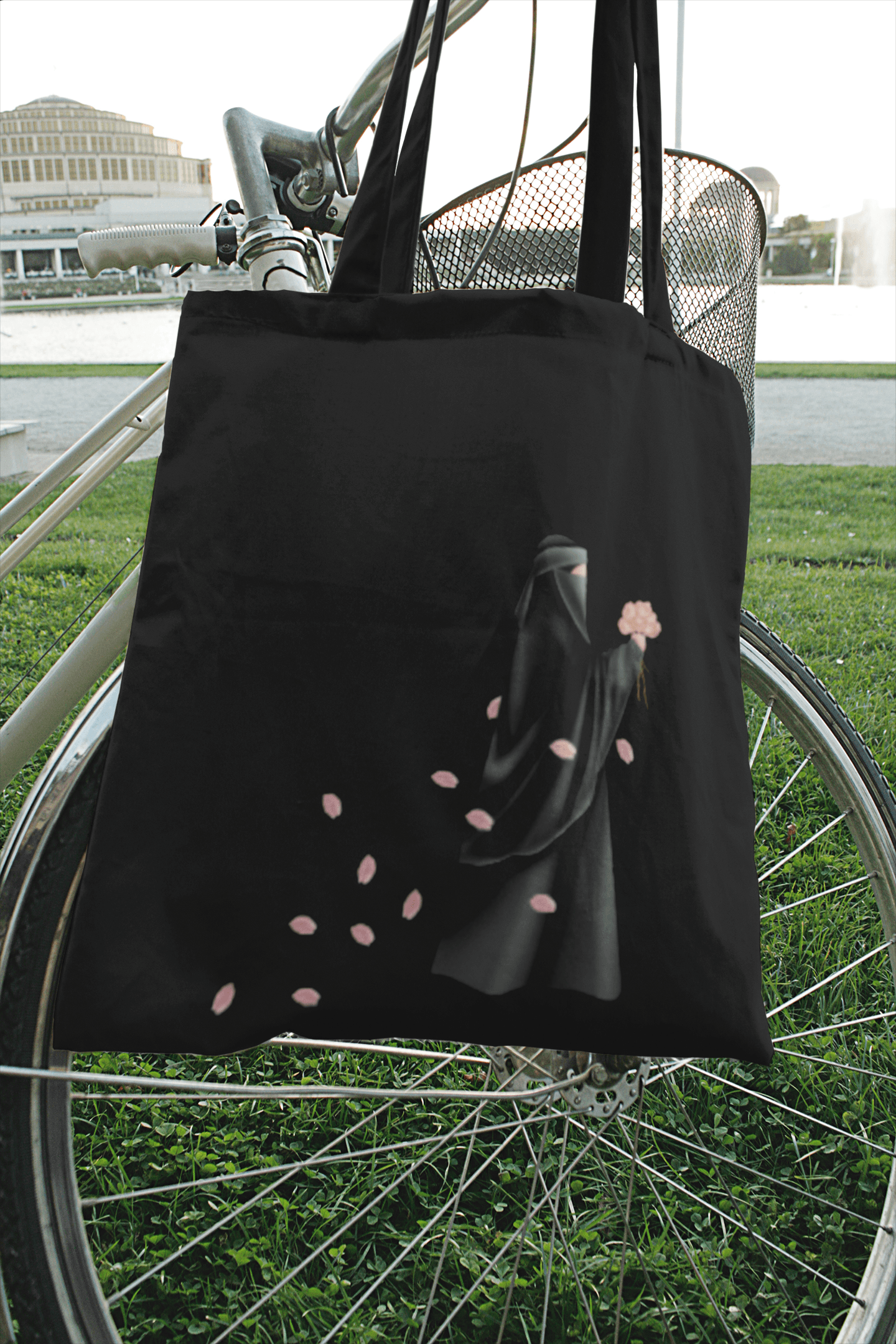 Niqabi Walking with Falling Flower Petals Black Tote Bag - SunnahBay
